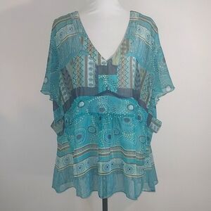 Faded Glory Blue Patterned Short Sleeve Sheer Peasant Blouse Shirt Size 22W/24W